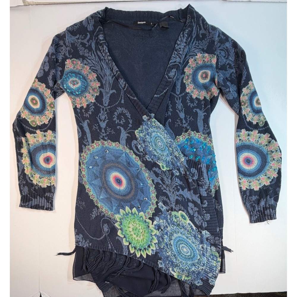 Desigual Navy Blue Mandala Sequin Fringe Wrap Cardigan Sweater 18WWJFAN Small